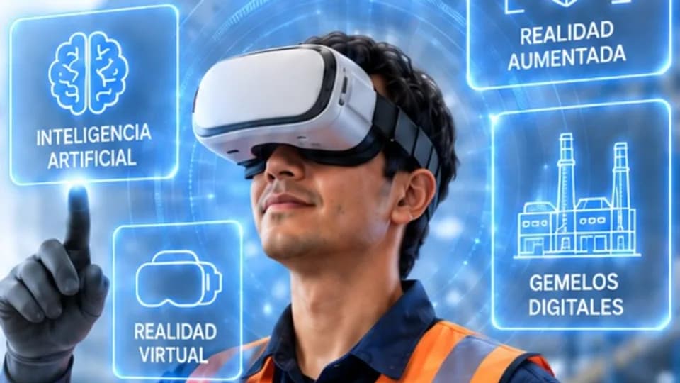 Trabajador con gafas de realidad virtual rodeado de paneles de inteligencia artificial, realidad aumentada y gemelos digitales